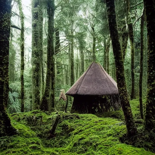 Image similar to A forest full of trees and moss, the scene contains a singular hut with a strange figure standing nearby, Photography, dark, intricate cube, Bleda, Elsa