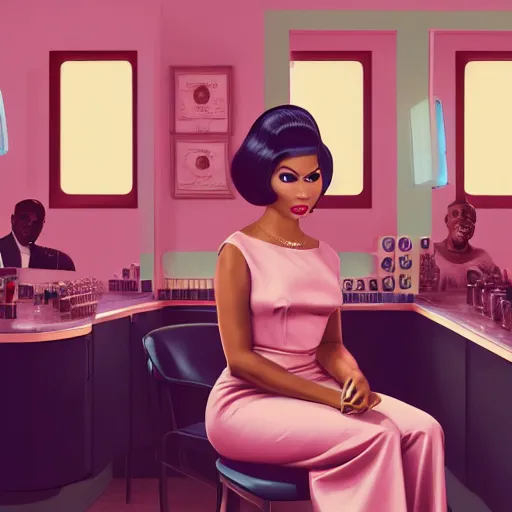 Prompt: 1 9 6 0 s illustration portrait of nicki minaj sitting next to barack obama in a barbershop. cinematic scene. ambient lighting, pastel earth colors, hyper detailed. octane render. concept art. trending on artstation.