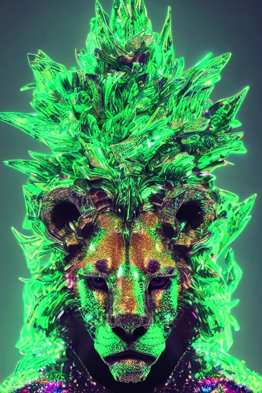Prompt: hyper detailed ultra sharp portrait of baroque and bladerunner delicate neon emerald sculpture of seductive muscular nick jonas lion green radioactive humanoid deity wearing metallic jungle hoody made out of leaves holding the sun prismatic dungeon, glowing rainbow face, crown of white diamonds, cinematic lighting, photorealistic, octane render 8 k depth of field 3 d