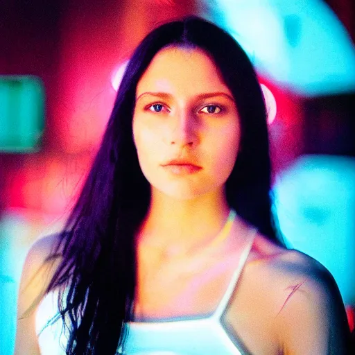 Prompt: A hyper realistic and detailed head portrait photography of a female, youthful, raven hair, graceful, curves, on a futuristic street. by Annie Leibovitz. Neo noir style. Cinematic. neon lights glow in the background. Cinestill 800T film. Lens flare. Helios 44m