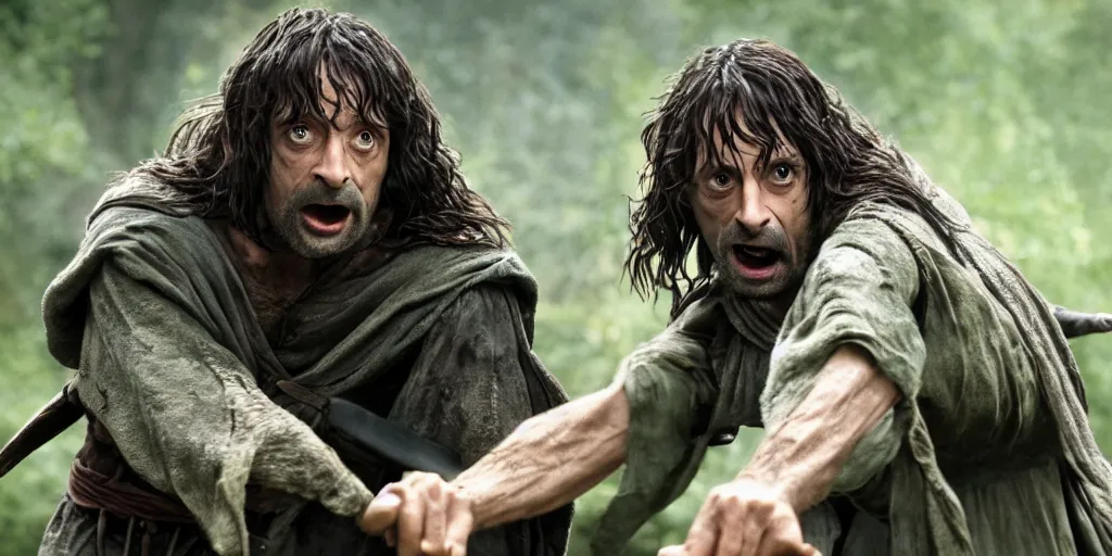 Image similar to rowan atkinson as aragorn fighting an orc, cinematic, high res, 4 k, realistic