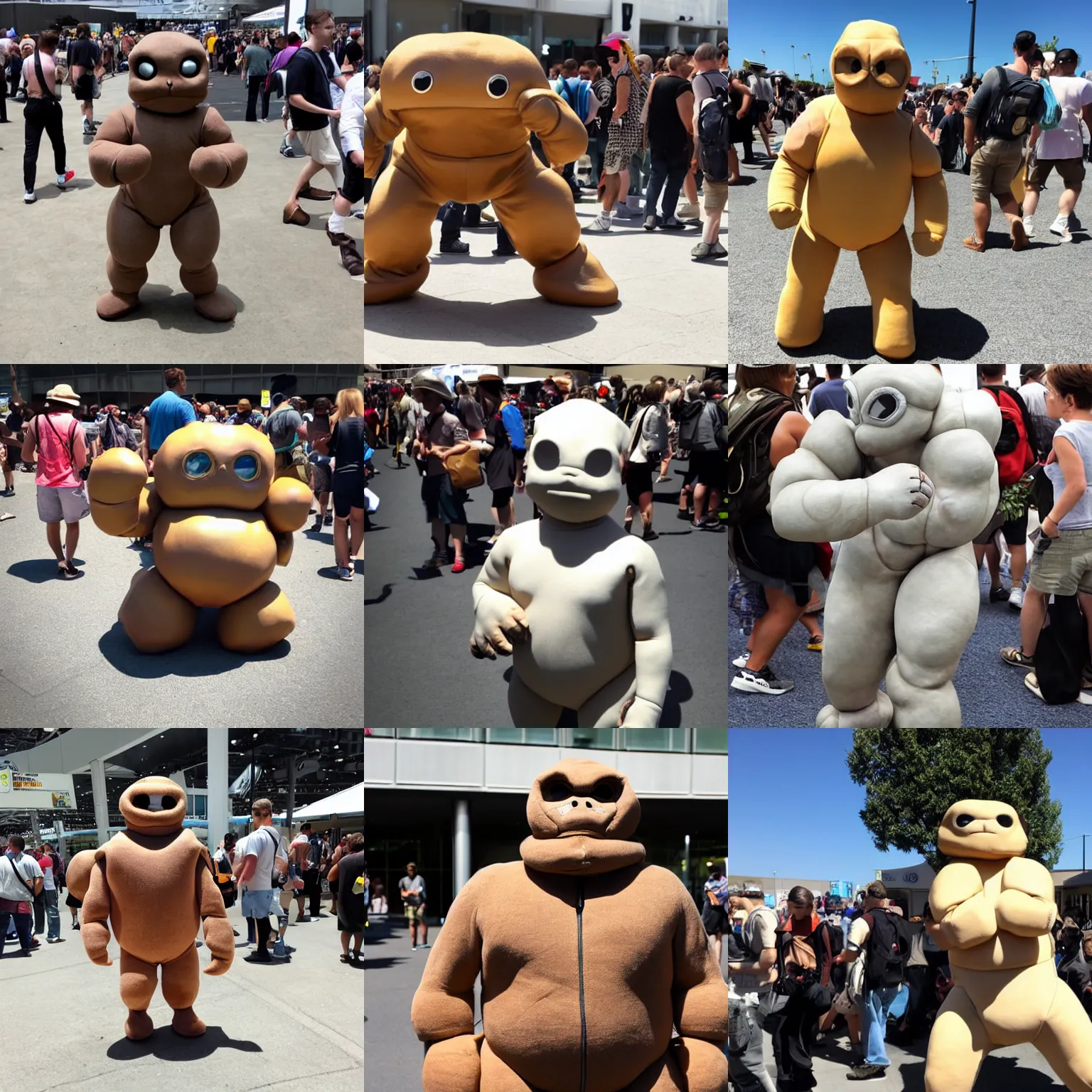 Prompt: a man dressed as geodude costume in comic - con, midday, direct sunlight, casual photography