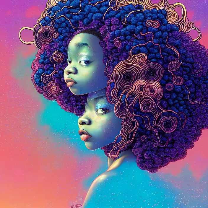 Prompt: ultra detailed illustration of a angry afro american girl covered in a sea of liquid chrome, metal material, lost in a dreamy orental realm by Victo Ngai, Andrew Thomas Huang, Ohrai Noriyoshi,, colorful, front view, synthwave, 8k, coherent, artgerm, uplifting, magical composition, artstation