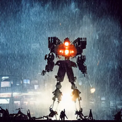 Image similar to mecha made from kitchen utensils, dark messy smoke - filled cluttered workshop, dark, dramatic lighting, orange tint, cinematic, highly detailed, sci - fi, futuristic, movie still from blade runner