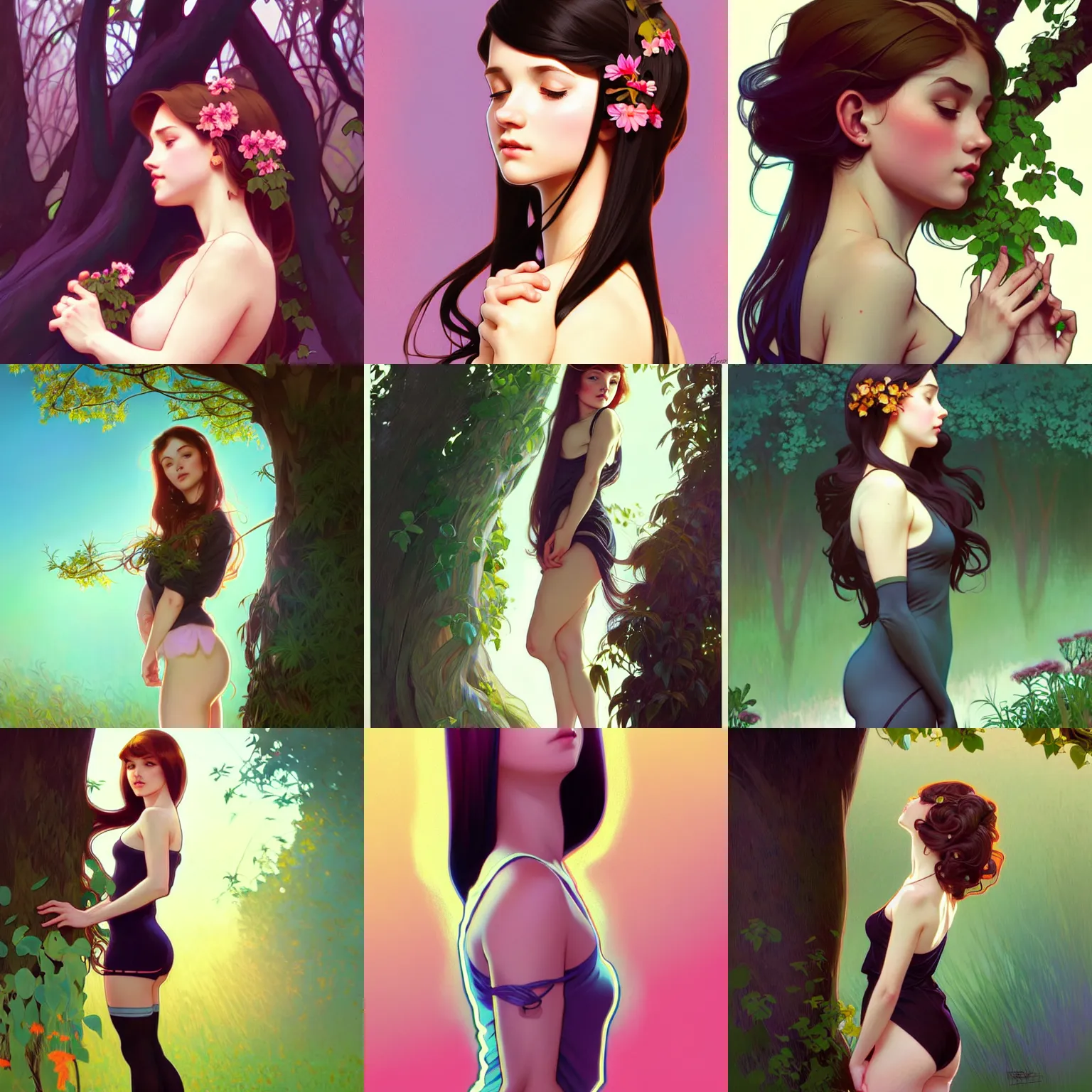 Prompt: girl standing near a tree, hands in her hair, wearing stockings. side-view, highly detailed, digital painting, artstation, concept art, smooth, sharp focus, illustration, art by artgerm and alphonse mucha, high definition digital art, in the style of Ross tran and ilya kuvshinov