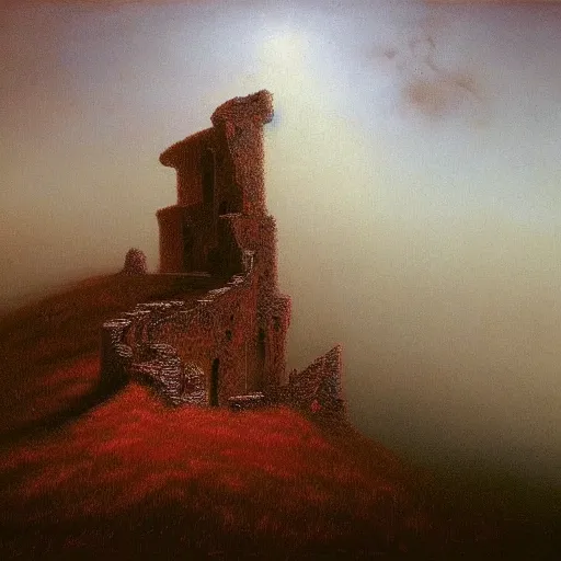 Prompt: ruined tower atop a hill, painting, john martin, Zdzisław Beksiński, masterpiece, landscape, moody, atmospheric