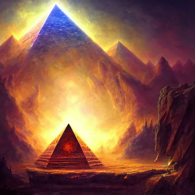 Prompt: the illuminati eye opening up from inside a pyramid, a fantasy magical landscape seen in the distance, atmospheric lighting, intricate, volumetric lighting, beautiful, sharp focus, ultra detailed, in the art style of marc simonetti, bowater charlie and brom gerald, astrophotography