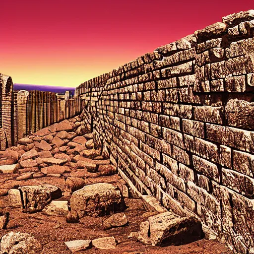 Image similar to Sprawling view of ancient Greek city walls in a searing desert; digital art