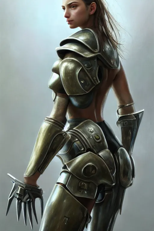 Image similar to a photorealistic painted portrait of an attractive young girl, partially clothed in dull metal-plated battle armor, olive skin, long dark hair, flawless skin, beautiful bone structure, symmetric facial features, perfect photorealistic eyes, natural physique, intricate, elegant, digital painting, concept art, finely detailed, beautifully illustrated, sharp focus, minimal artifacts, from Metal Gear, by Ruan Jia and Mandy Jurgens and Artgerm and William-Adolphe Bouguerea, in the style of Greg Rutkowski, trending on Artstation, award winning art