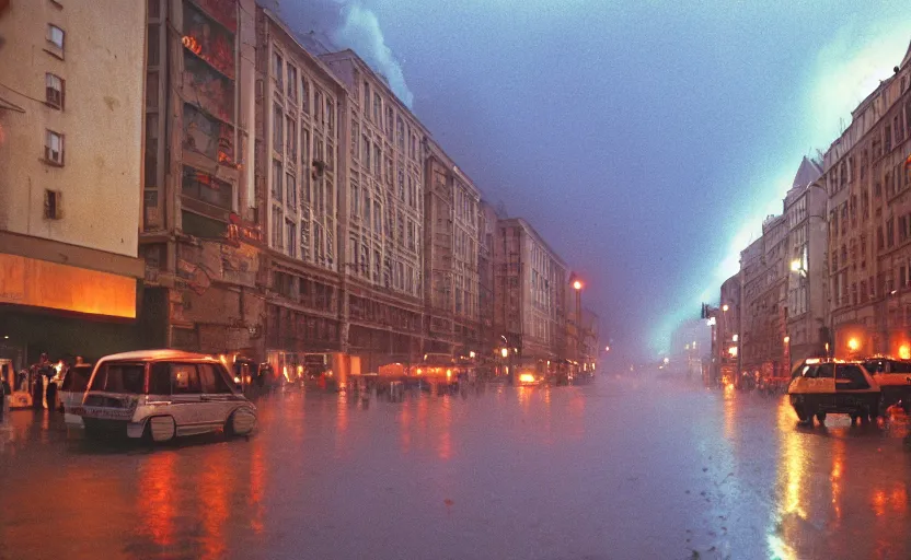 Prompt: 1990s movie still of a yougoslavian street with a giant riot with stalinist style highrise, Cinestill 800t 18mm, heavy grainy picture, very detailed, high quality, 4k panoramic, HD criterion, dramatic lightning, streetlight at night, rain, fog