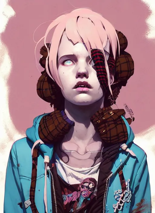 Image similar to highly detailed portrait of a sewer punk lady, blue eyes, tartan hoody, ringlet hair by atey ghailan, by greg rutkowski, by greg tocchini, by james gilleard, by joe fenton, by kaethe butcher, gradient pink, brown, light blue and white color scheme, grunge aesthetic!!! ( ( graffiti tag wall background ) )