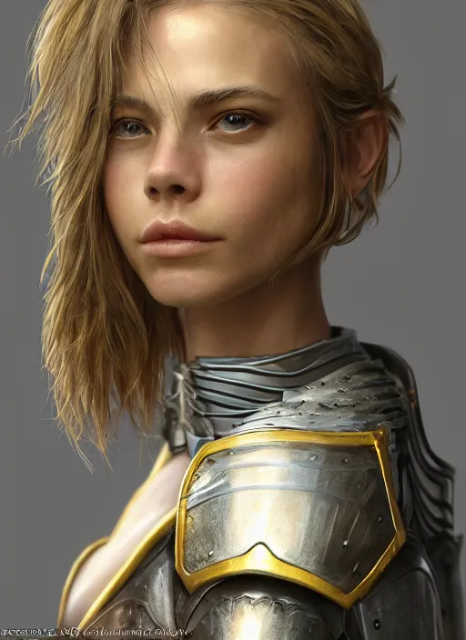 Image similar to portrait of model cara delevinge as a legendary knight warrior, au naturel, hyper detailed, digital art, trending in artstation, cinematic lighting, studio quality, smooth render, unreal engine 5 rendered, octane rendered, art style by klimt and nixeu and ian sprigger and wlop and krenz cushart.