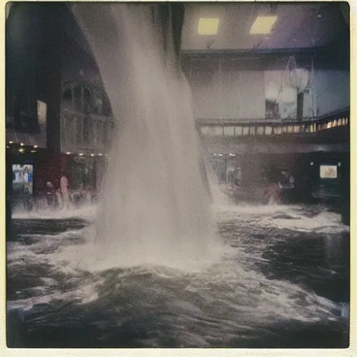 Prompt: polaroid of turbulent water pouring through crowded mall, by andrei tarkovsky and stephen gammell titled'you do not recognize the bodies in the water,'liminal space, photorealistic, high definition, technicolor, award - winning photography, masterpiece, amazing colors,