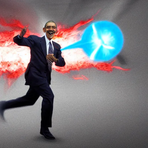 Image similar to Obama is buffed has a blue realistic VFX fire engulfing his hand, Obama is smiling and running towards the viewer, 40nm lens, 4k,