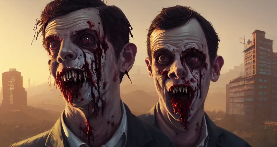 Image similar to highly detailed portrait waiter zombie in gta v, stephen bliss, unreal engine, fantasy art by greg rutkowski, loish, rhads, ferdinand knab, makoto shinkai and lois van baarle, ilya kuvshinov, rossdraws, tom bagshaw, global illumination, radiant light, detailed and intricate environment