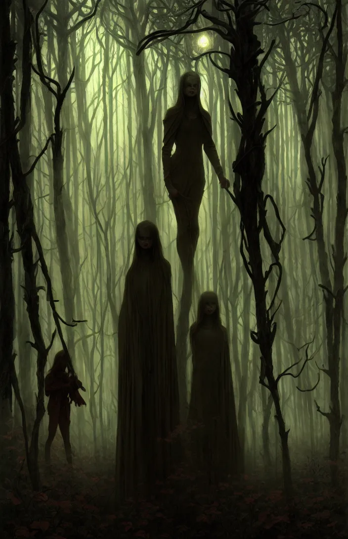 Image similar to shadow people watching us inside a dark horror forest, heroic lighting, folklore, intricate, highly detailed, lifelike, photorealistic, digital painting, artstation, illustration, concept art, smooth, sharp focus, art by John Collier and Albert Aublet and Krenz Cushart and Artem Demura and Alphonse Mucha