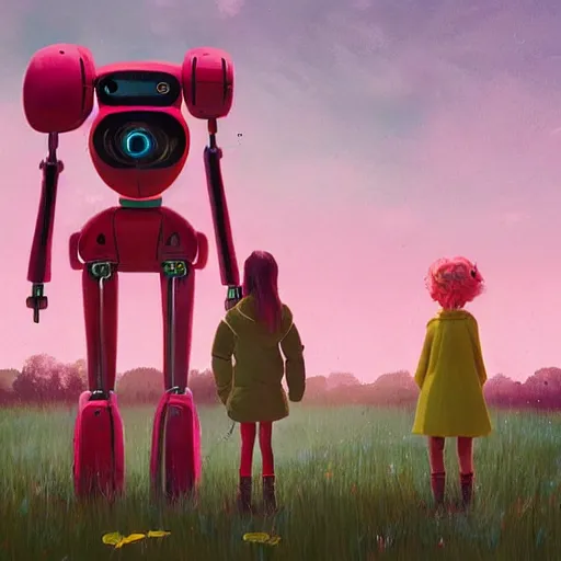 Prompt: a young girl and her tall humanoid robot going on a trip together, in a field, detailed, cinematic, cinematic lighting, by Simon Stalenhag