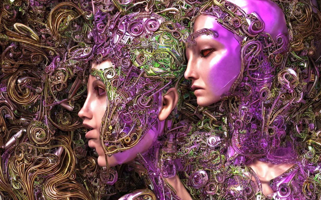 Prompt: mythical metallic colorful organic bio - mechanical spinal ribbed profile face portrait detail of titanium mechanical beautiful female angelic - queen - vegetal - cyborg, highly detailed, intricate steampunk floral ornate, poetic, 3 d render, digital art, octane render, 8 k artistic photography, photo - realistic, by dora maar