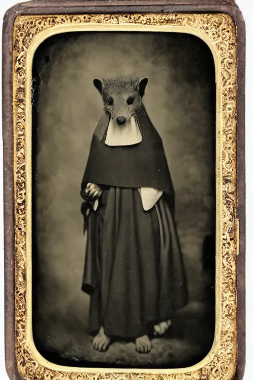 Image similar to a wet plate photo of an anthropomorphic weasel dressed as a friar