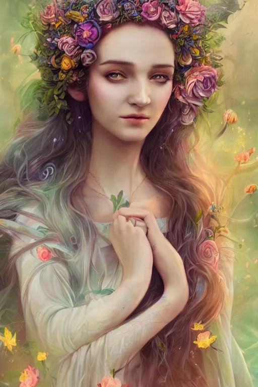 Image similar to a portrait of a beautiful elvish goddess with flowers in her hairs , hd, 4k, 8k, highly detailed, sharp, ethereal, astral environment in style of Anna Dittmann