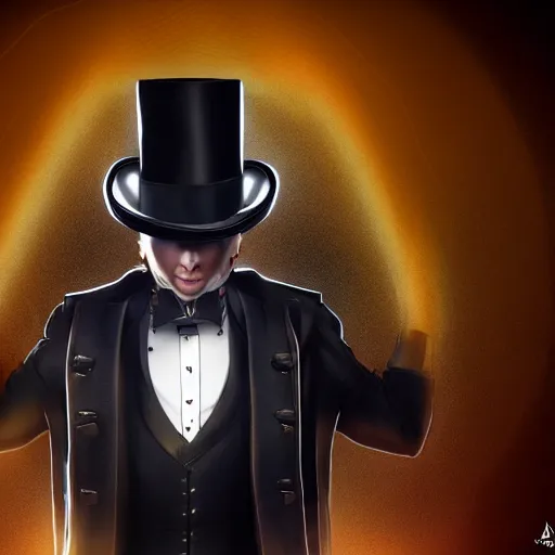 Image similar to a highly detailed portrait of a man in a high top hat covering his face, in a black tailcoat with a yellow waistcoat under the tailcoat, artstation, deviantart, professional, unreal engine 5, photorealistic