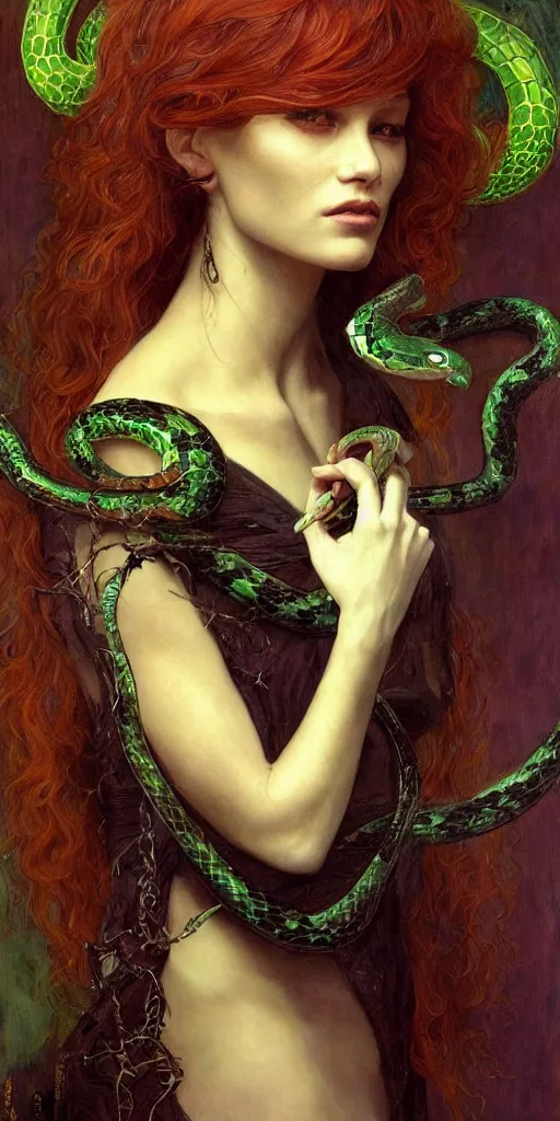 Image similar to epic masterpiece portrait of a dark redhead sorceress with a snake wand, followed by heads with many faces, beautiful face and flawless skin, perfect hands, emeralds by Edgar Maxence and Ross Tran and Michael Whelan