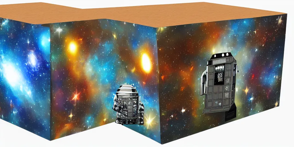 Image similar to box is bigger on the inside. background outer space. detailed. photorealistic