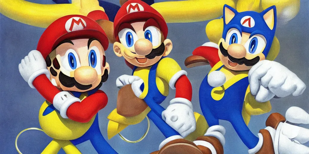 Prompt: retro oil portrait of Mario and Sonic at the 1936 German Olympic Games, highly detailed, 35mm, realistic, kodak color, iconic