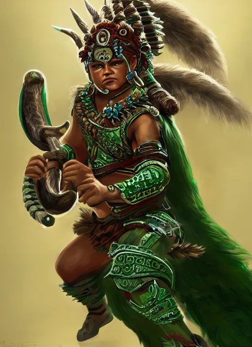 Image similar to a highly detailed illustration of fierce young aztec warrior boy wearing green jaguar mane, heroic roaring wielding aztec macuahuitl pose, muscular, intricate, elegant, highly detailed, centered, digital painting, artstation, concept art, smooth, sharp focus, league of legends concept art, wlop