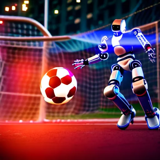 Image similar to a cyberpunk robot kicking a soccer ball in a soccer game, hyperrealistic, unreal engine, octane render, 3 d, 8 k, make it look like it was made by dall - e 2