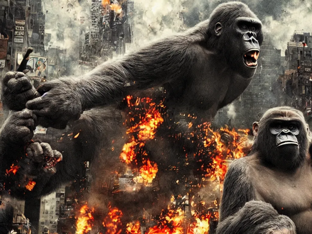 Image similar to An king Kong rage on street, Hollywood scene , cinematic , 2012, end of the world movie , full color