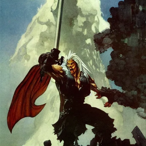 Prompt: portrait Sephiroth wearing a balrog costume head eyes with shredded physique stands atop a skyscraper norman rockwell brad rigney winslow homer greg rutkowski