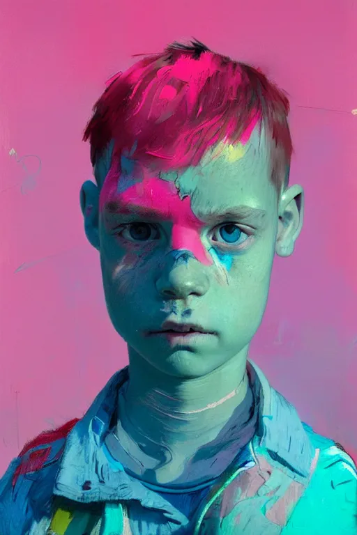 Prompt: portrait of a young boy living in a postapoliptic forgotten world, her face expresses : sadness, and death, in the colors hot pink and cyan, beautiful face, rule of thirds, complex outfit, spotlight, by greg rutkowski, by jeremy mann, by francoise nielly, by van gogh, digital painting