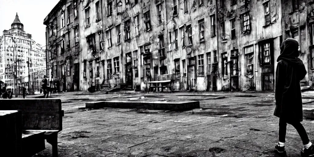 Prompt: mid shot of sadie sink in hoodie sits on bench in ruined square, pedestrians walk by | steampunk tenement windows in background : 3 5 mm film, anamorphic, from schindler's list by steven spielberg. cyberpunk, cinematic atmosphere, detailed and intricate, perfect anatomy