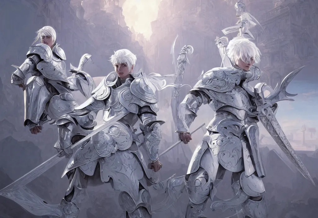 Image similar to white hair knights of zodiac gir, matt white ice color armor, are combat fighting each other with magical sci - fi weapon in ruined agora of athens sunrise, intricate and elegant, highly detailed, digital painting, artstation, concept art, smooth and sharp focus, illustration, art by tian zi and wlop and alphonse mucha