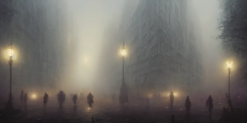 Image similar to a parade in a heavy swirling fog, soft lighting, night, stephen bliss, misty, unreal engine, oild painting, fantasy art by greg rutkowski, loish, rhads, ferdinand knab, makoto shinkai and lois van baarle, ilya kuvshinov, rossdraws, tom bagshaw, illustration, detailed and intricate environment