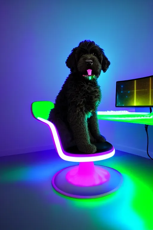 Image similar to young gamer sitting in gaming chair + neon rgb light strips, large computer monitor, galaxy themed room, cute bernedoodle puppy sitting at his feet, 4 k, award winning, octane render, volumetric lighting