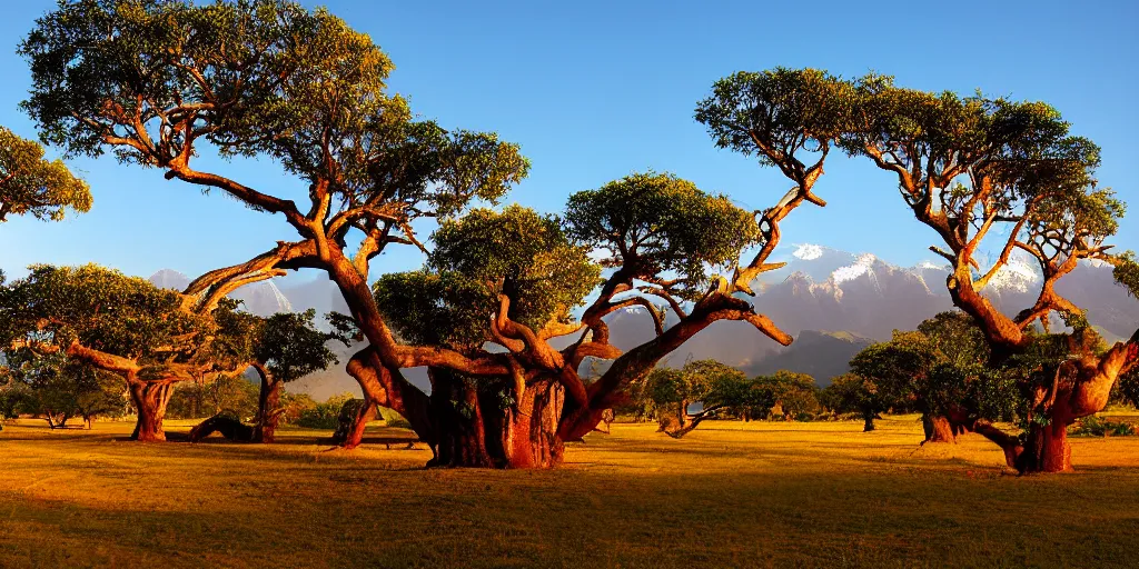 Prompt: ”landscape of big banyan trees and mountains in the background, golden hour, beautiful”