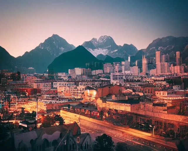 Image similar to calm and soft city view with bokeh, mountains in a city, fantasy world, magic perspective photo, calm lighting, soft world, pleasant, kodak portra 8 0 0