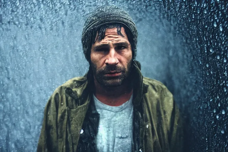 Prompt: a cinematic headshot photograph of a homeless war veteran, stood in a tunnel, stormy weather, rain, film still, cinematic, dramatic lighting, blue color theme, by zack snyder