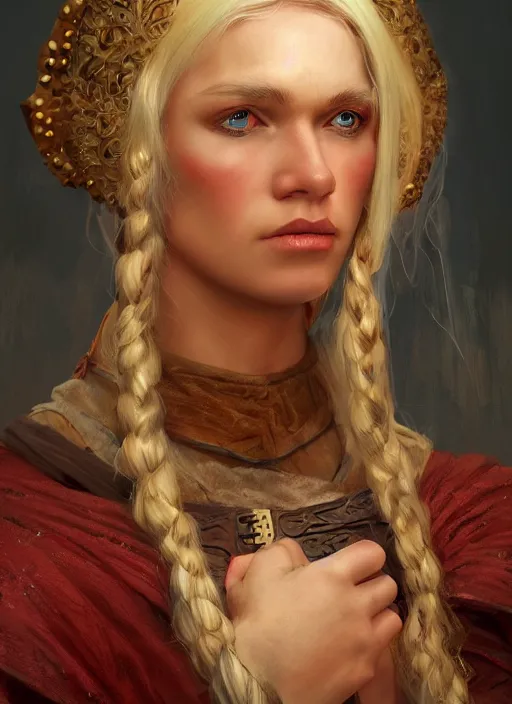 Image similar to blonde peasant woman, fantasy, medieval, vivid colors, fantasy, elegant, concept art, sharp focus, beautiful face!!, digital art, hyper - realistic, 4 k, unreal engine, highly detailed, hd, dramatic lighting by brom, trending on artstation