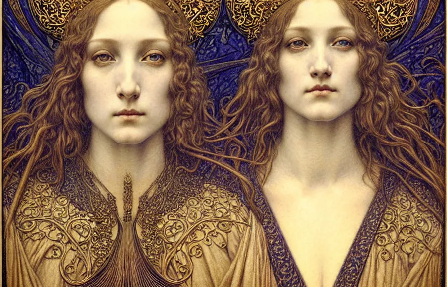 Image similar to detailed realistic beautiful young medieval queen face portrait by jean delville, gustave dore and marco mazzoni, art nouveau, symbolist, visionary, gothic, pre - raphaelite. horizontal symmetry