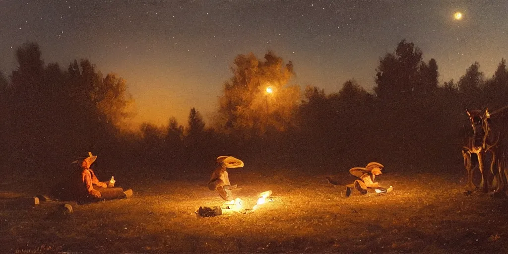 Prompt: in the old west, at a campfire at night, al sleeping bandit ( ( alone ) and a young boy ( ( alone ) ) watches the stars and his horse grazes, in the style of fredrick remington, oil painting, warm color palate, astral