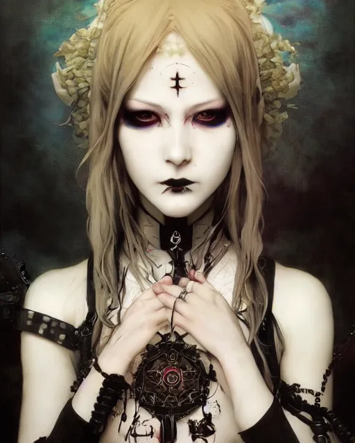 Prompt: Full shot of a ghoulpunk high priestess, defined facial features, intricate, gothic punk, malice mizer, ai yazawa, symmetrical facial features. By Ruan Jia and Artgerm and Range Murata and WLOP and Ross Tran and William-Adolphe Bouguereau and Beeple. Key Art. Fantasy Illustration. award winning, Artstation, intricate details, realistic, Hyperdetailed, 8k resolution.