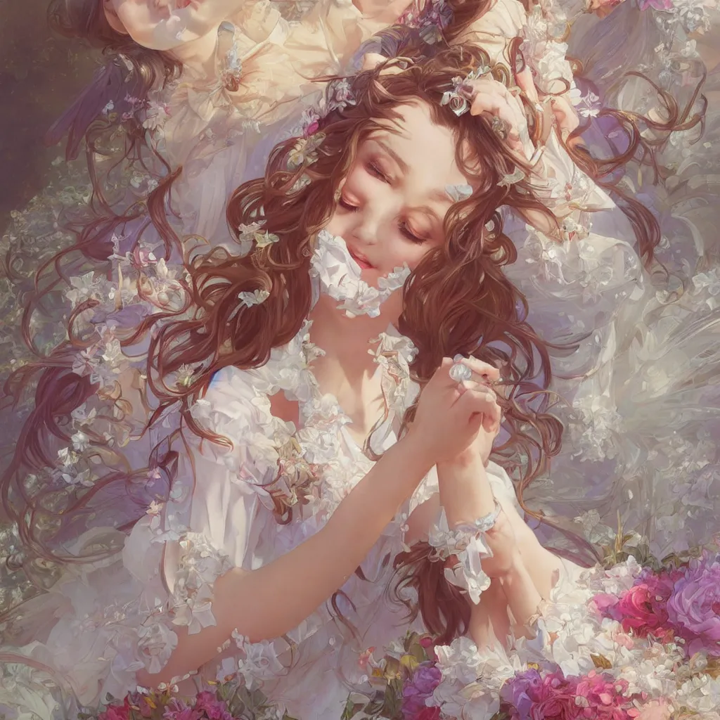 Prompt: portrait of a magical lolita girl, dreamy and ethereal, happy expression, ornate frilly dress, fantasy, intricate, elegant, colored crystal, highly detailed, digital painting, artstation, concept art, smooth, sharp focus, illustration, art by artgerm and greg rutkowski and alphonse mucha