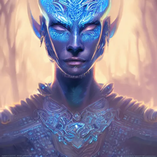 Image similar to a fantasy warrior with glowing blue eyes, face, fantasy world, intricate, elegant, highly detailed, digital painting, artstation, concept art, smooth, sharp focus, illustration