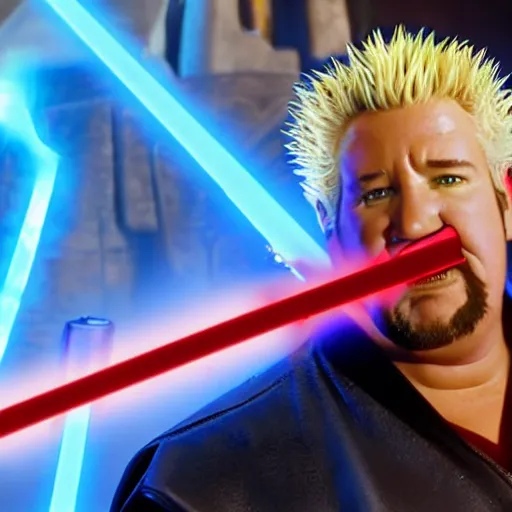 Prompt: Guy Fieri in Star Wars Revenge of the Sith, Jedi Knight, blue light saber, cinematic lighting, cinematic, sci-fi city in background, 55mm lens