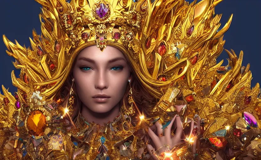 Image similar to Golden crown adorned with multicolored gems, hyperdetailed, artstation, cgsociety, golden hour 8k