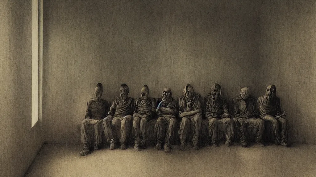 Image similar to creepy mental hospital, medicated patients watching TV by Zdzislaw Beksinski, Ivan Seal, Leyland Kirby