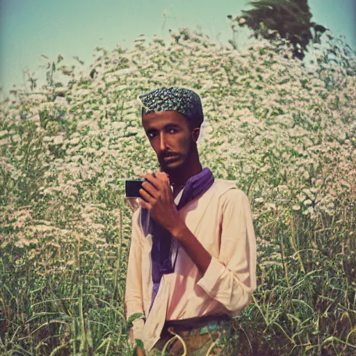 Image similar to somali male, photographer, holding camera, vintage, field of flowers, nature, nostalgic, dreamy, pastel, studio ghibli, thoughtul, wise, intricate details, shot in 1 9 6 0 s